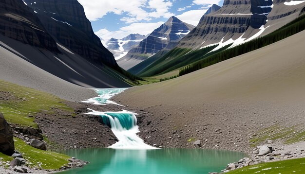 Foto una cascada en frente de una montaña con una montaña en el fondo