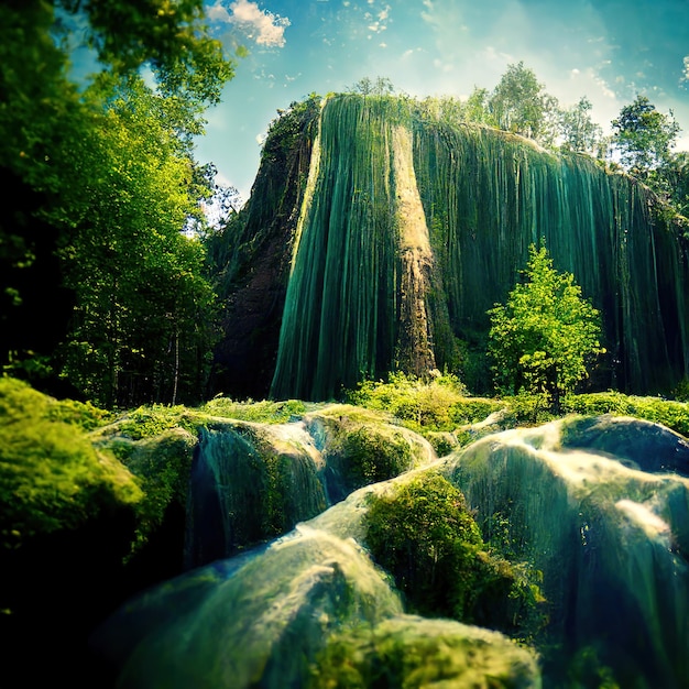 Foto cascada gigante emergente en el bosque verde