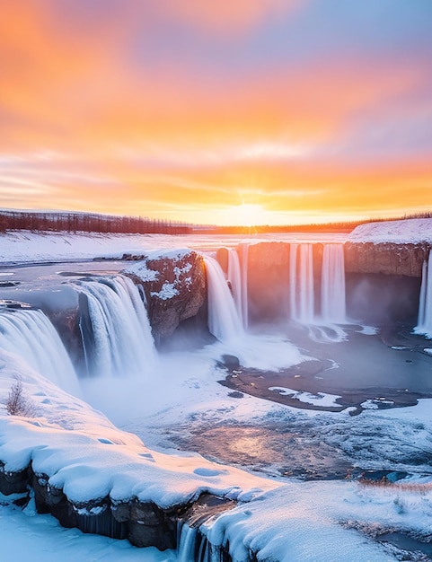 La cascada de Good Afros al atardecer en invierno en Islandia