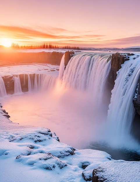 La cascada de Good Afros al atardecer en invierno en Islandia