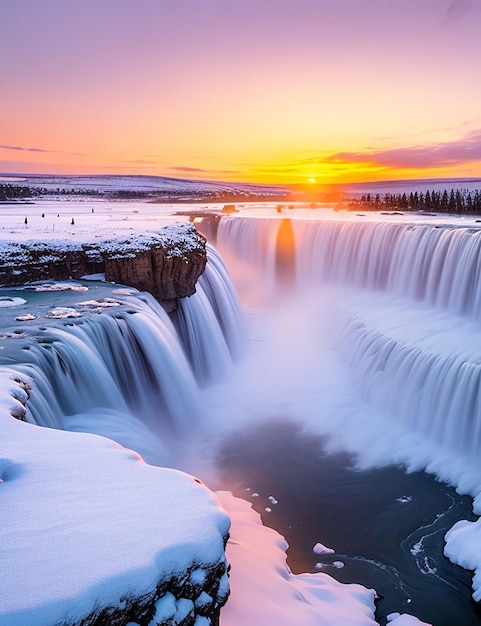 La cascada de Good Afros al atardecer en invierno en Islandia