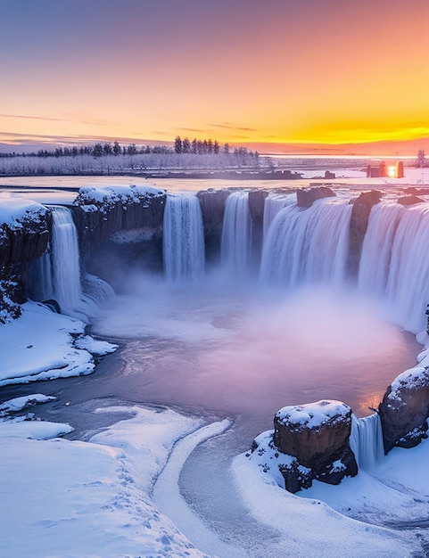 La cascada de Good Afros al atardecer en invierno en Islandia