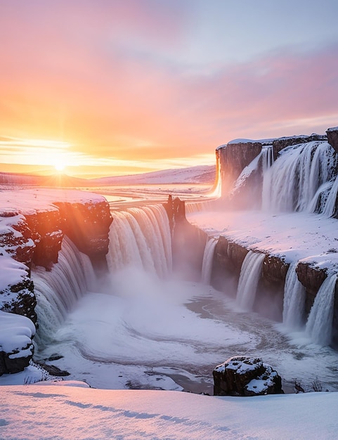 La cascada de Good Afros al atardecer en invierno en Islandia