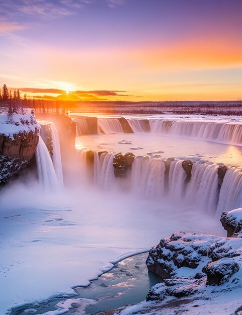 La cascada de Good Afros al atardecer en invierno en Islandia