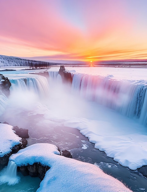 La cascada de Good Afros al atardecer en invierno en Islandia