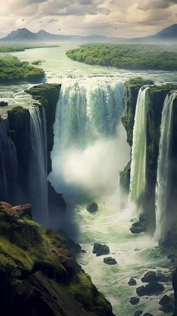 cascada con una gran cantidad de agua fluyendo sobre ella ai generativa