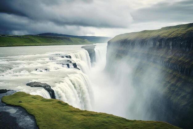 una cascada con una hierba verde y un cielo nublado