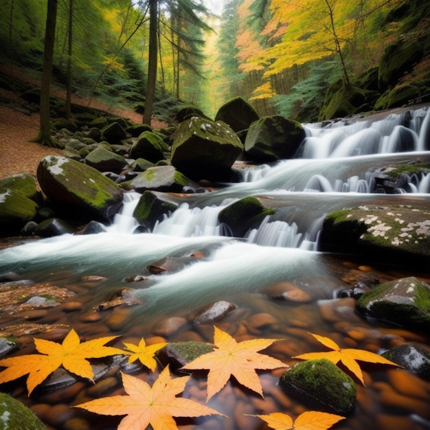 Foto una cascada con hojas que están en las rocas.