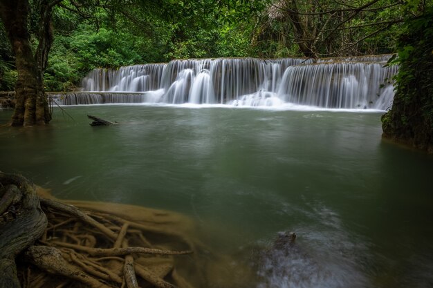 La cascada Hua Mea Khamin tiene árboles tropicales, helechos, crecimiento en la cascada a la luz de la mañana, clima fresco y tranquilo y un lugar tranquilo para relajarse en la jungla. karnchanaburi, Tailandia.