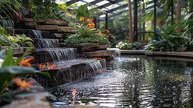 una cascada en un jardín con agua que fluye por el lado de ella