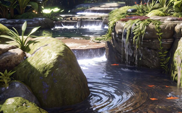 una cascada en un jardín con rocas y plantas