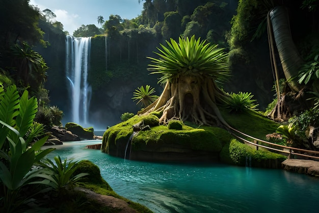 Una cascada en la jungla con un árbol verde en el fondo.