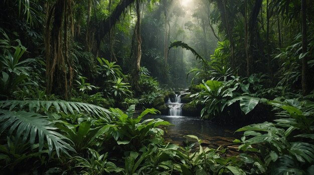 una cascada en una jungla con una cascada al fondo