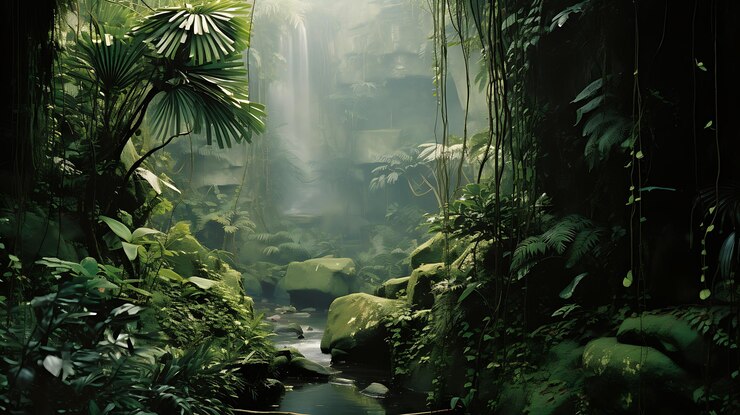una cascada en la jungla con una cascade en la selva en el fondo