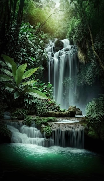 Una cascada en la jungla con un fondo verde