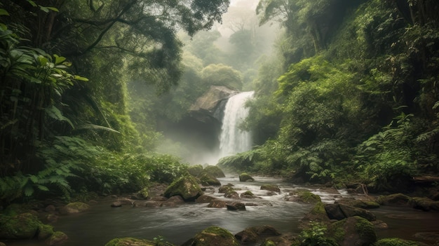 Una cascada en la jungla con un fondo verde