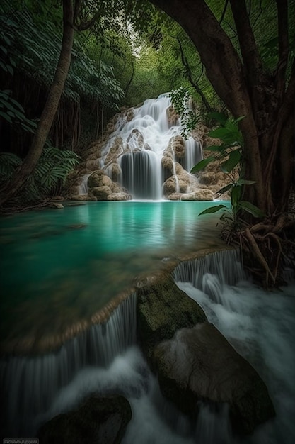 Una cascada en la jungla con una piscina azul y árboles.