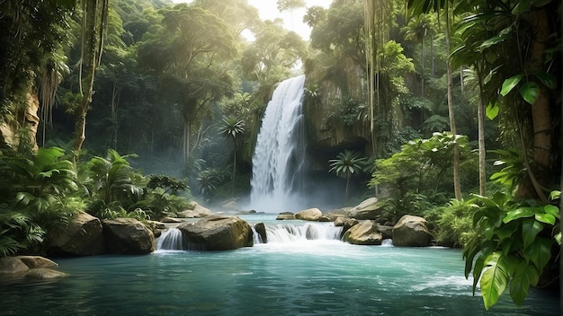 Una cascada en una jungla con plantas verdes y agua azul