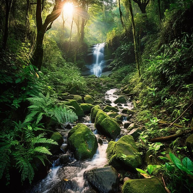 Una cascada en la jungla con el sol brillando sobre las rocas