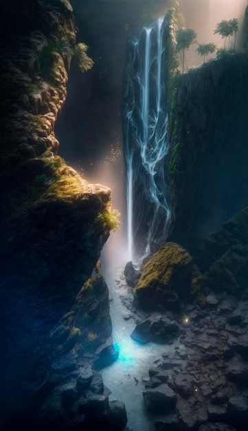 Cascada mágica mística en las montañas