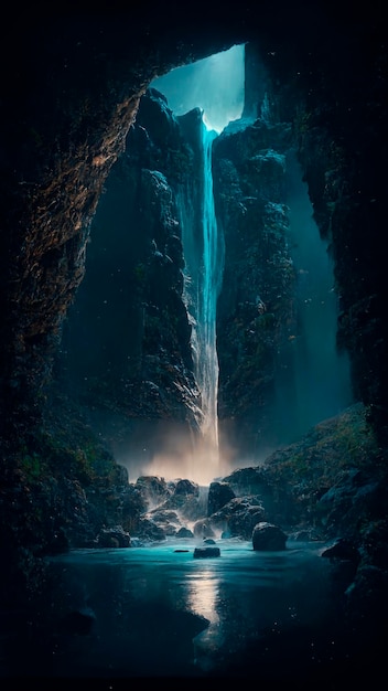 Cascada mágica mística en las montañas