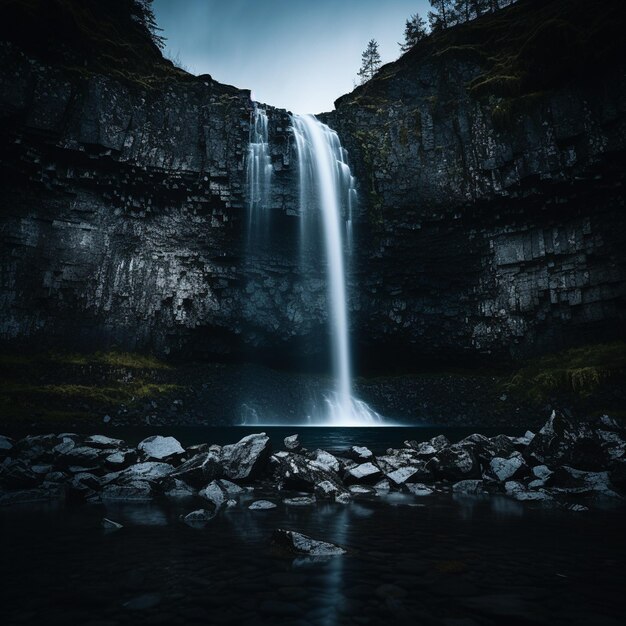 Cascada de Medianoche El encantador paisaje de cascadas es un testimonio de la cautivadora armonía de la noche.