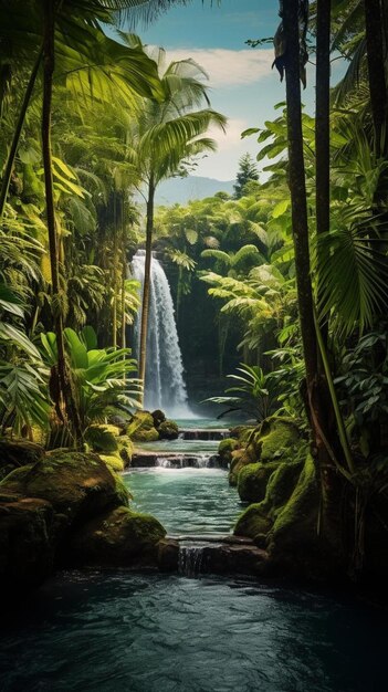 Foto una cascada en el medio de un bosque verde exuberante