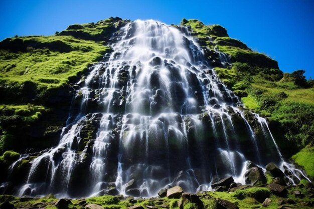 Foto una cascada está en el medio de un campo verde