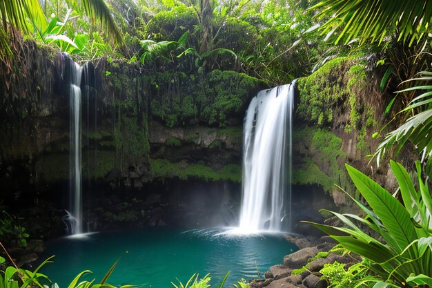 Una cascada en medio de un frondoso bosque verde