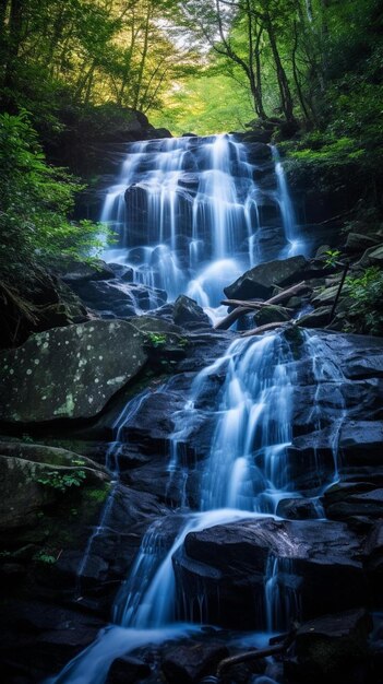 una cascada en medio de un frondoso bosque verde