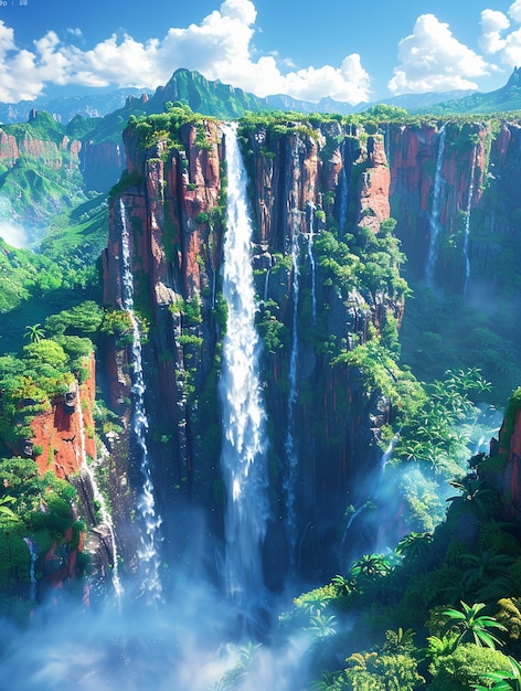 Foto una cascada está en el medio de una montaña con una cascada en el fondo