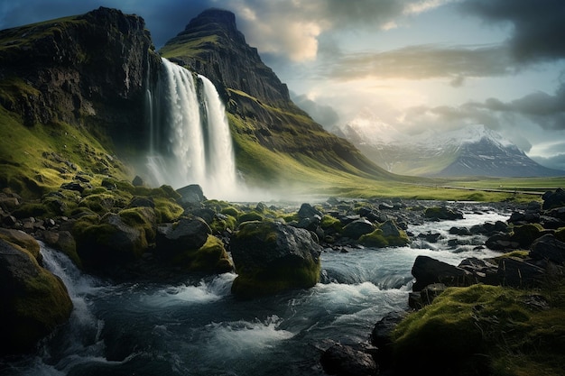 una cascada en medio de una montaña en islandia al estilo de paisajes exóticos de fantasía