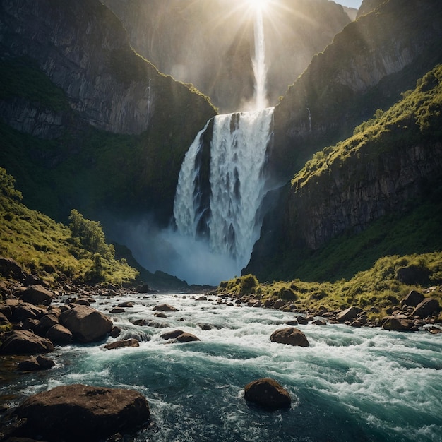 Foto una cascada está en el medio de una montaña con una montaña en el fondo