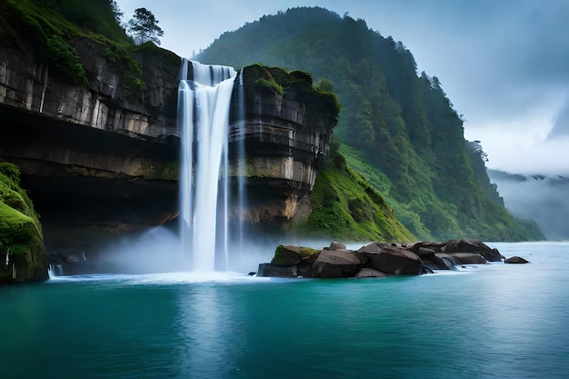 una cascada en el medio de una montaña