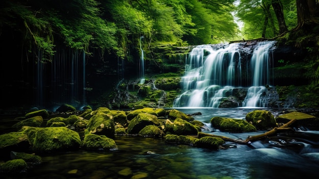 Foto una cascada melódica enmarcada por bosques verdes y costas rocosas