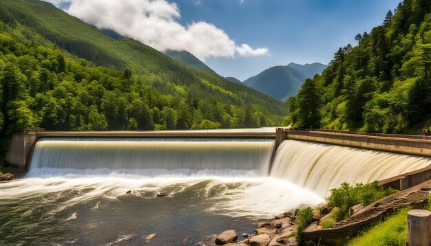 Foto una cascada con una montaña en el fondo y una cascada en el fondo