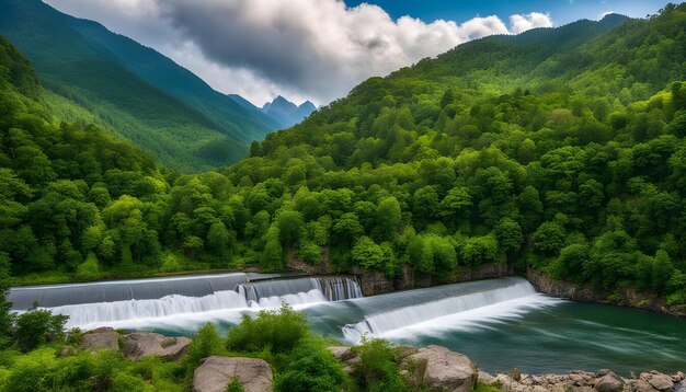 Foto una cascada con una montaña en el fondo y una montaña en la parte posterior