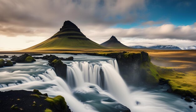 Foto una cascada con una montaña en el fondo