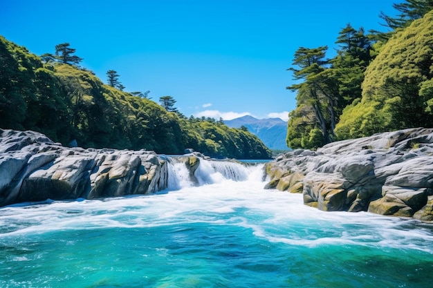 Foto una cascada con una montaña en el fondo