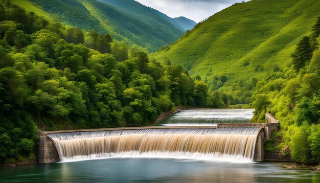 una cascada con una montaña verde en el fondo