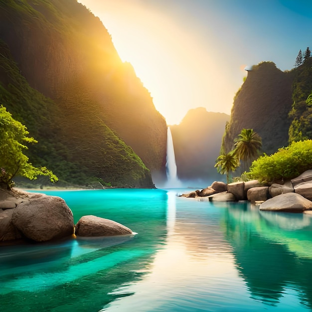 Una cascada en las montañas al atardecer