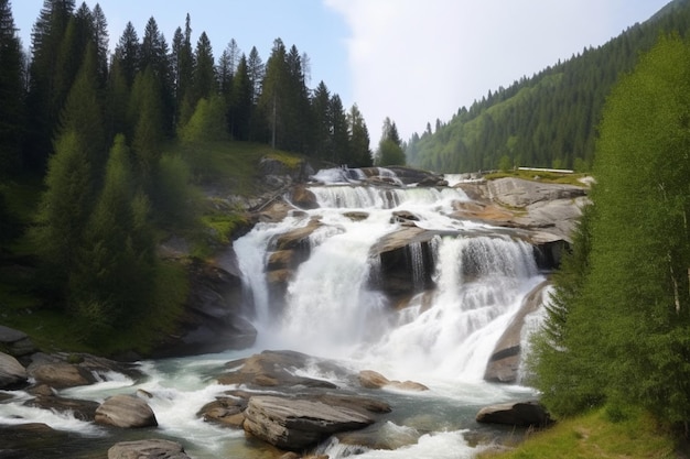 Una cascada en las montañas con árboles al costado.