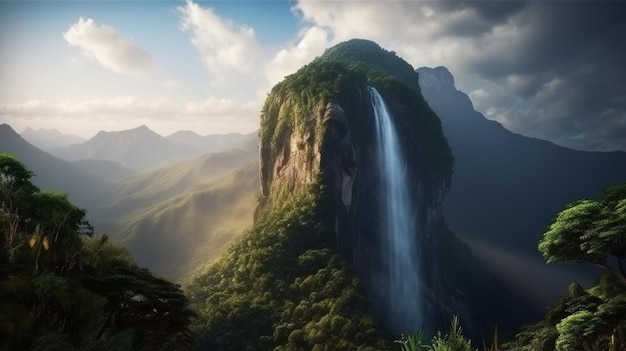 Una cascada en las montañas con nubes en el fondo