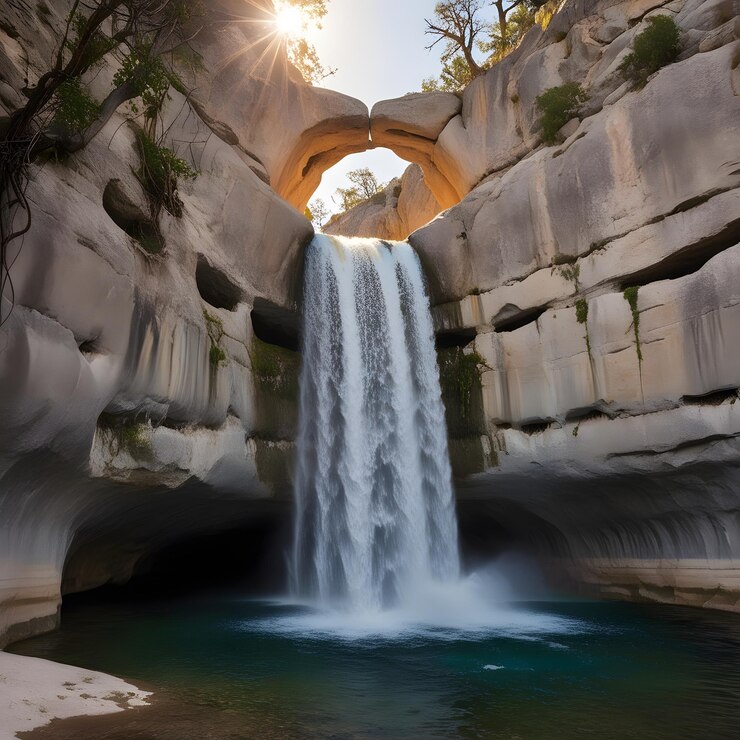 una cascada se muestra con una cascada en el fondo