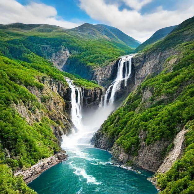 Foto una cascada se muestra desde una cascada que está rodeada de árboles