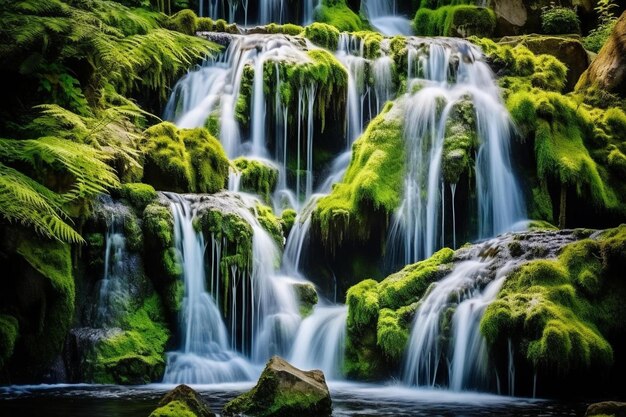 una cascada con musgo creciendo en las rocas