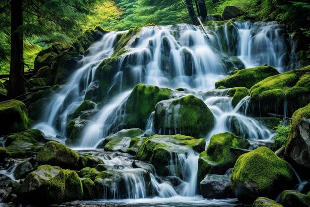 una cascada con musgo verde en las rocas y árboles