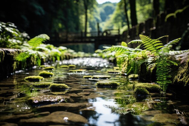 Cascada natural con exuberantes helechos generativos IA