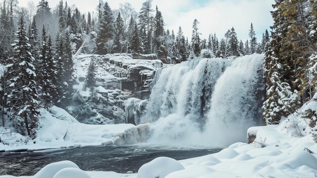 Foto una cascada en la nieve rodeada de árboles