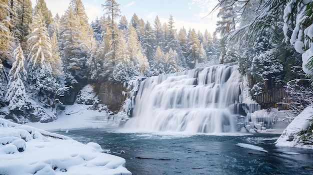 Una cascada en la nieve rodeada de árboles